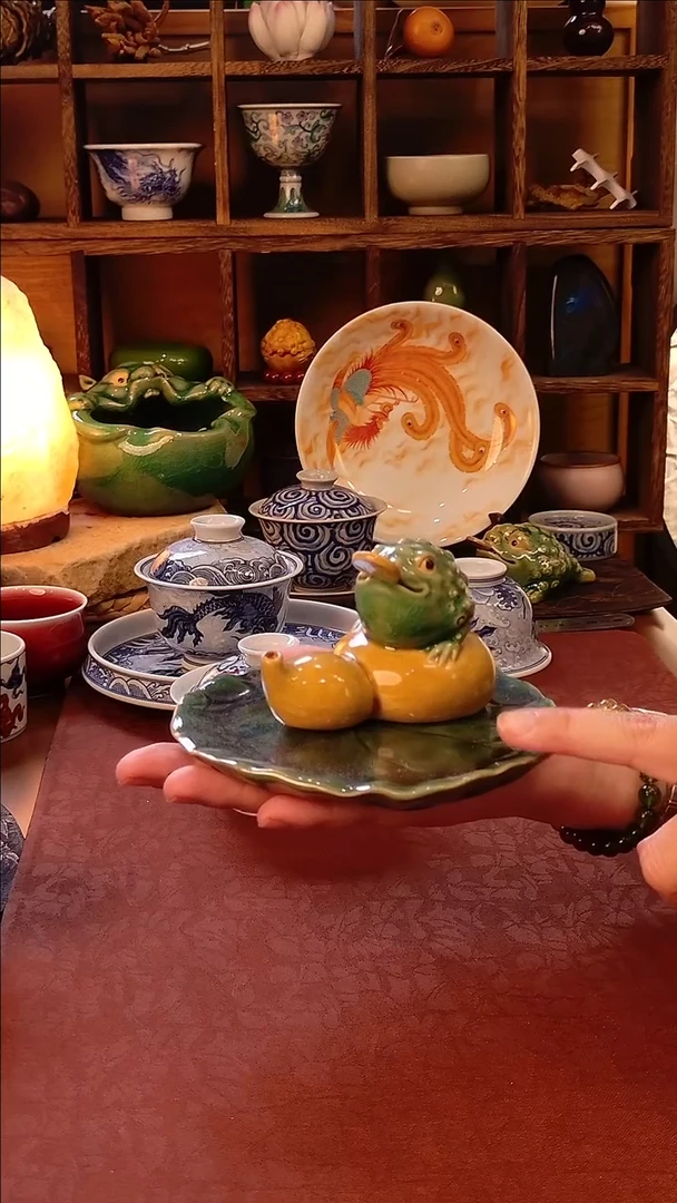 【手工葫芦金蟾茶宠+帝王绿荷叶壶承 】