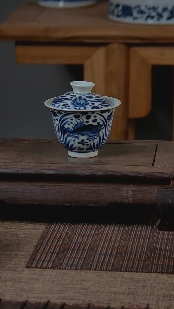 折葵非器手工手绘鱼藻两才盖碗