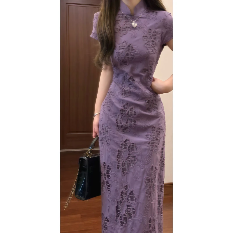 新中式国风蕾丝镂空紫色绝美改良旗袍连衣裙掐腰气质长裙9531