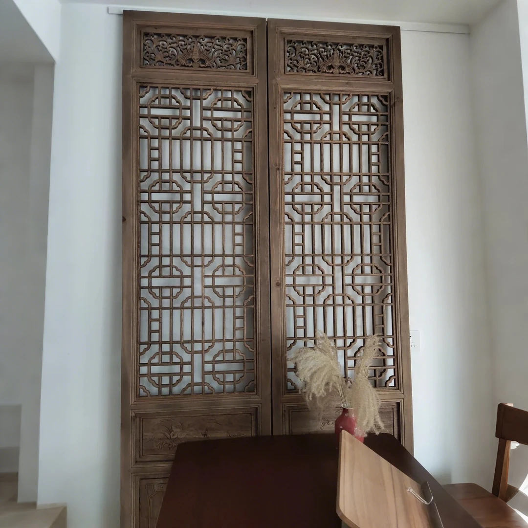 东阳木雕实木屏风隔断客厅中式花窗格栅仿古做旧茶室玄关复镂空门