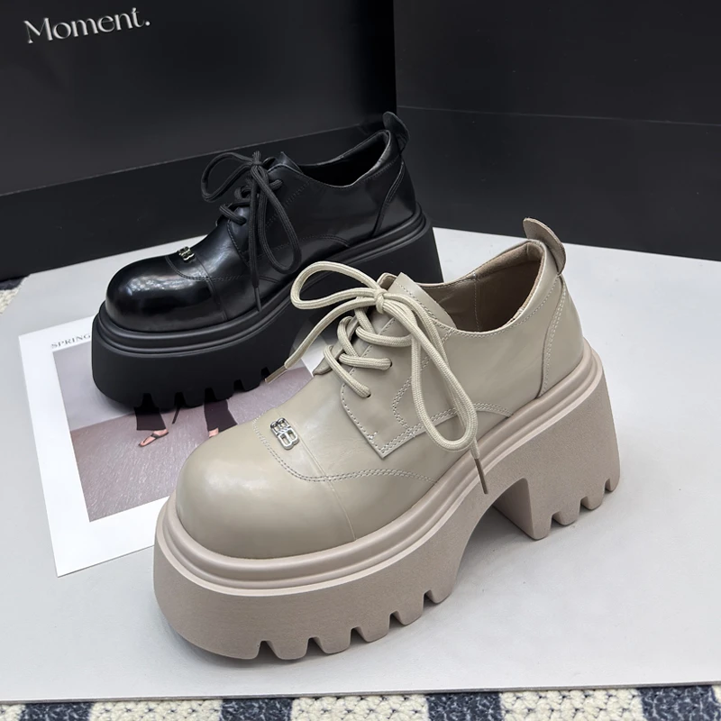 555-5复古小皮鞋女厚底高跟鞋2025新款真皮粗跟休闲单鞋