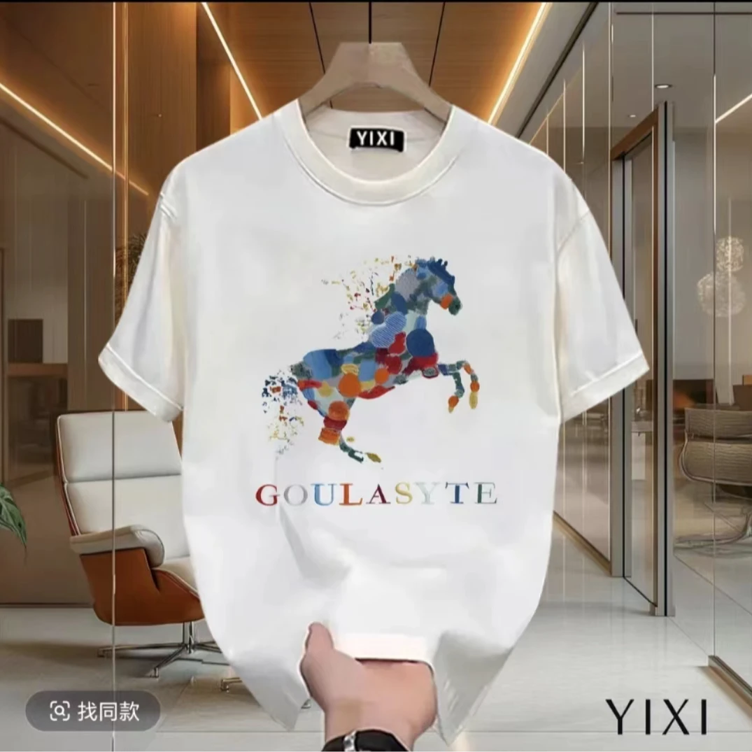 [L5]圆领短袖-民族风男士男款白色夏委半袖宽松印花修身经典