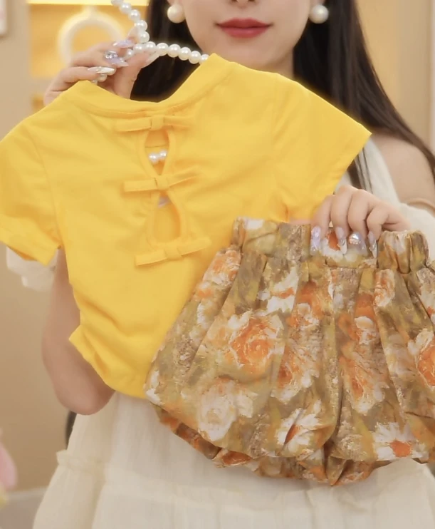 女宝宝夏季新款甜美洋气蝴蝶结镂空短袖碎花花苞短裤韩版两件套潮