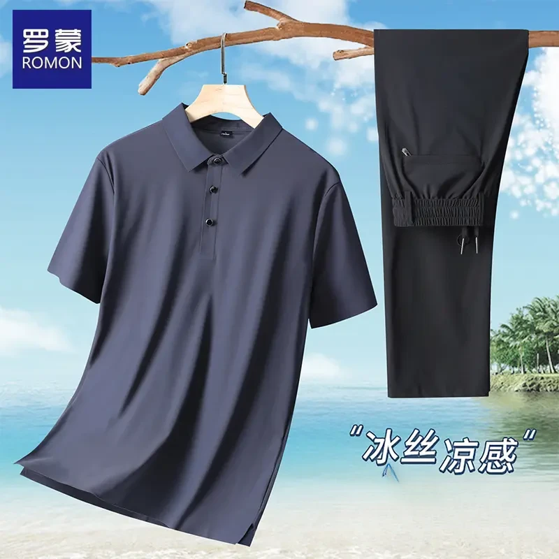 罗蒙男士夏装套装亲肤透气冰丝凉感短袖polo中老年宽松休闲爸爸装