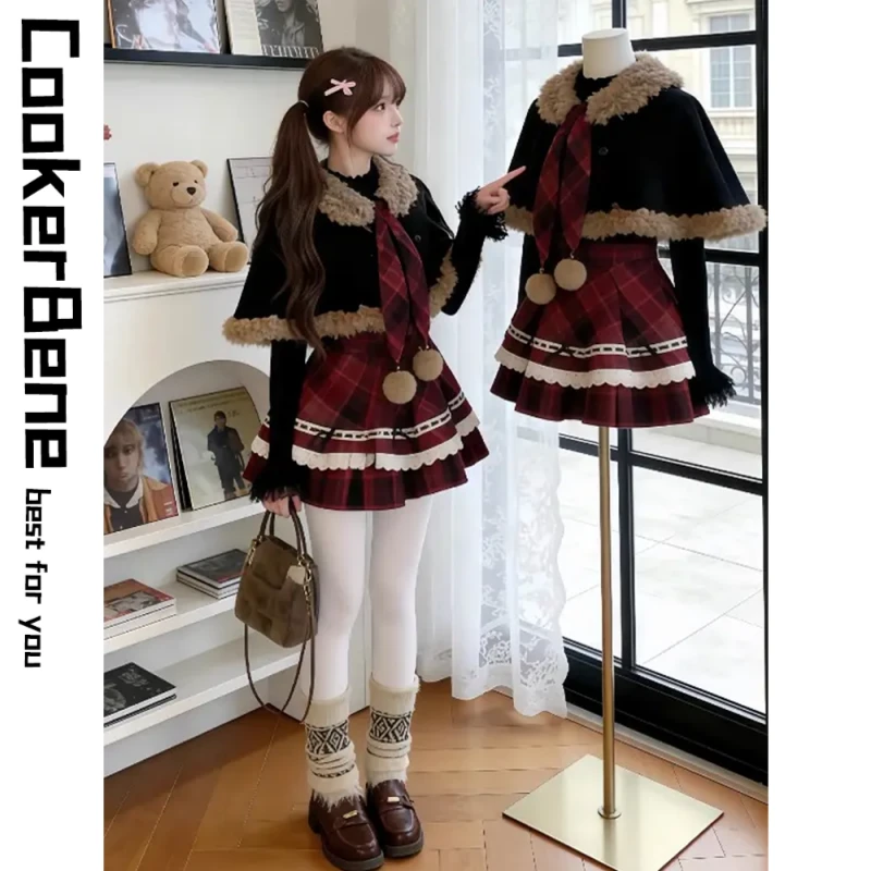 圣诞穿搭 古早味复古学院风甜妹套装女冬季斗篷外套+拼接连衣裙