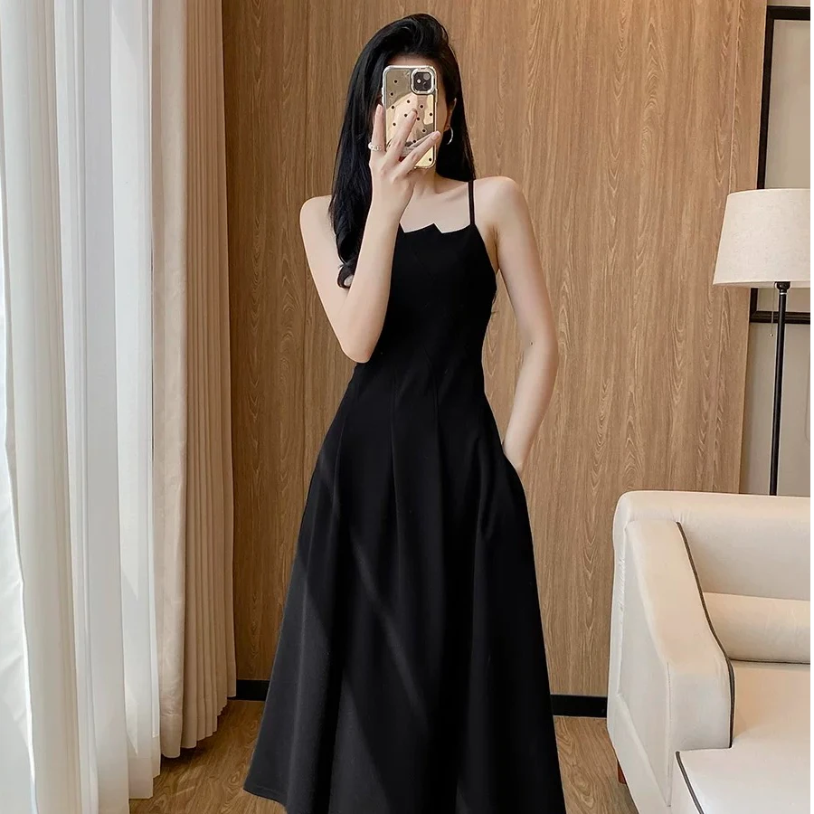 西米家小个子黑色吊带连衣裙简约设计显瘦气质茶歇裙春夏3006#