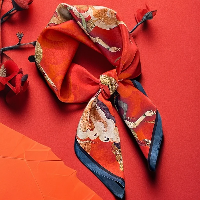 品牌高档桑蚕丝65cm敦煌红色护颈方巾真丝丝巾女士教师礼物礼盒装