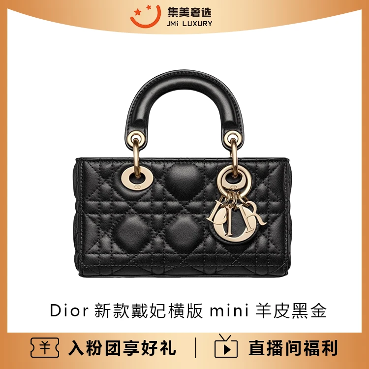 99新 DIOR/迪奥 新款戴妃横版mini羊皮黑金时尚包/AM5770