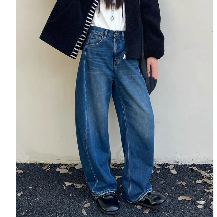 SU【812】代A9  愫林   暖丝绒阔腿裤女冬镰刀裤蓝色无弹高腰弯刀裤