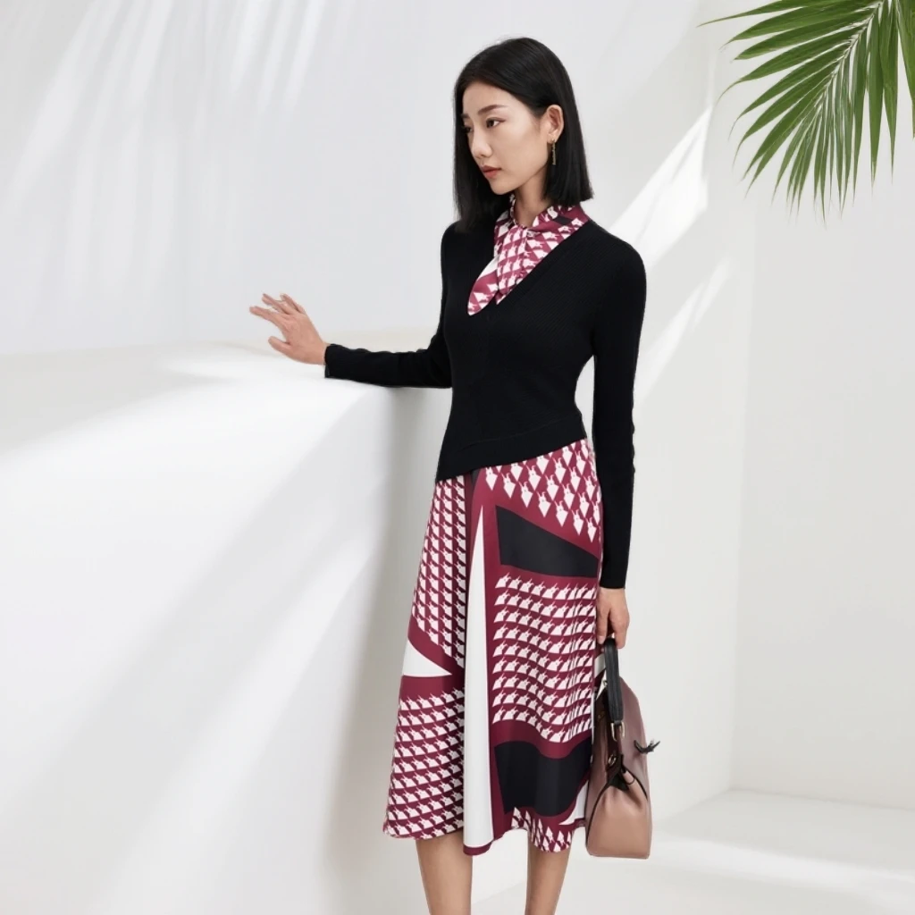 YZS赢智尚优雅千鸟格羊毛复古时尚印花女装连衣裙ZF01885/ZF01886