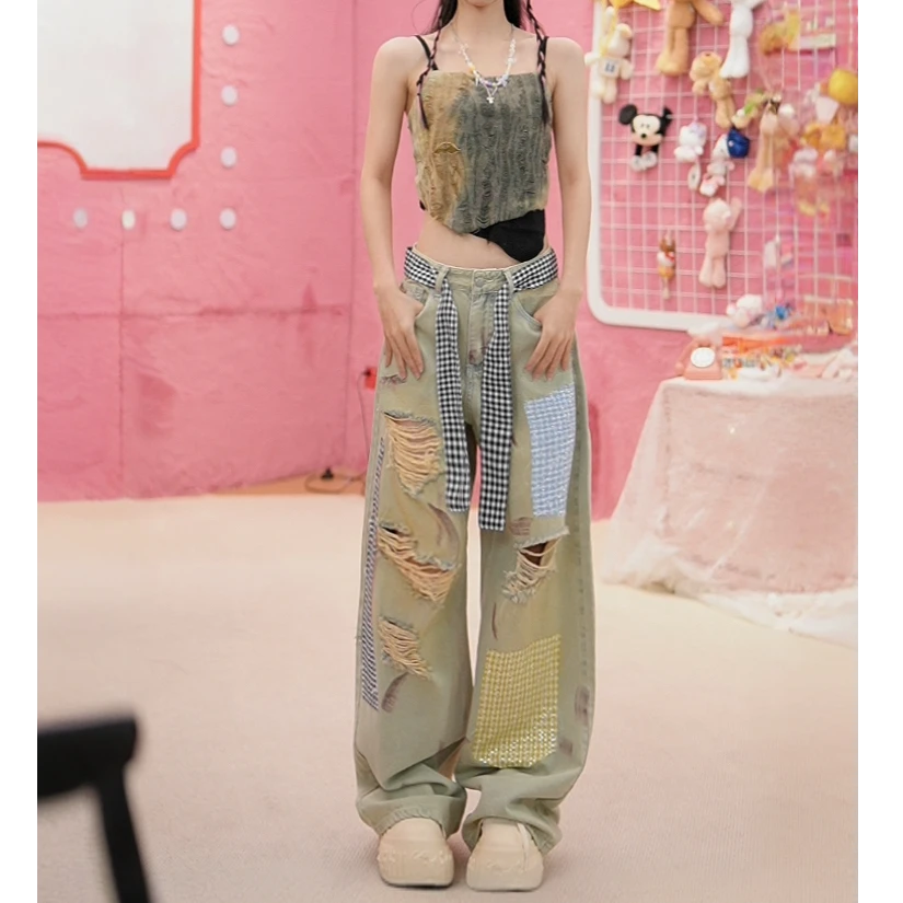 夏季辣妹潮酷独特原创设计中低腰牛仔裤烫钻格子破洞印染直筒裤子
