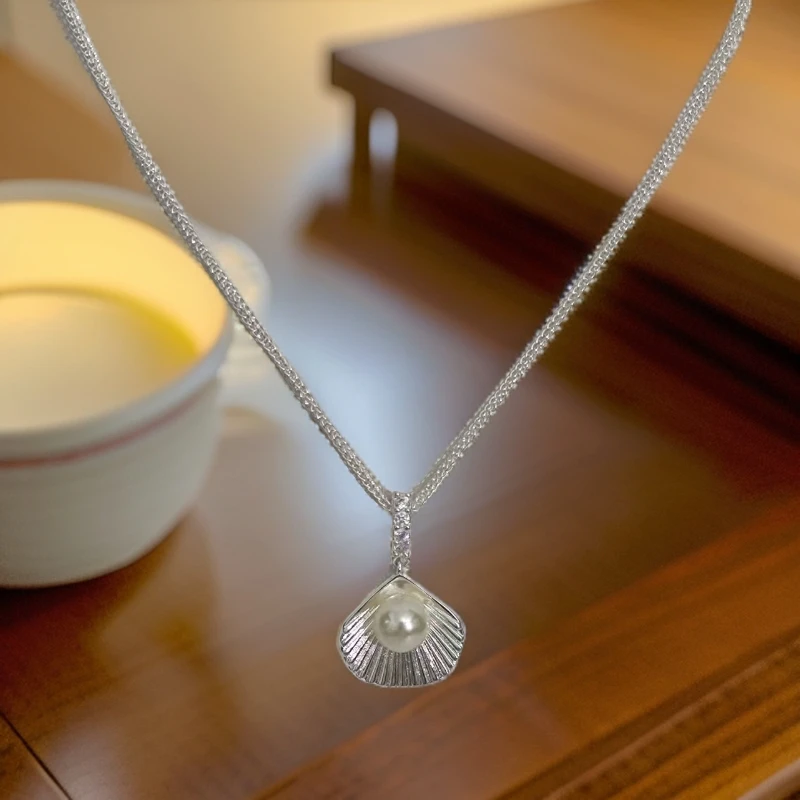 坠链均足银 841珠珠贝壳足银999项链时尚雕刻镶嵌素款