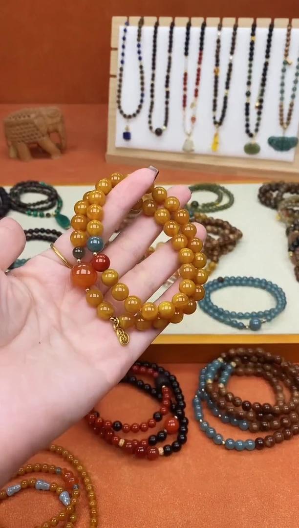 手链蜜蜡未镶嵌双圈蜜蜡和田南红蓝水手串