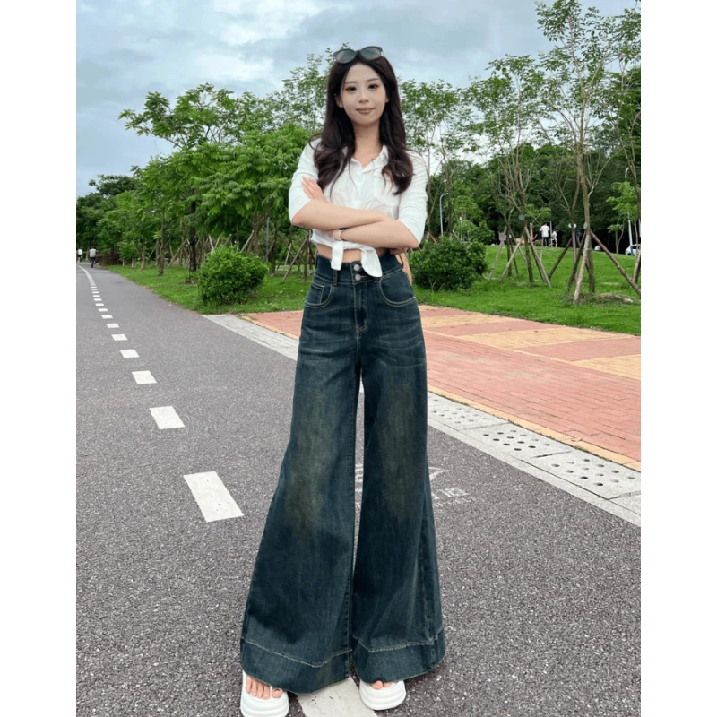 复古蓝水洗喇叭牛仔裤女小个子新款高腰宽松直筒阔腿裤微喇裤2