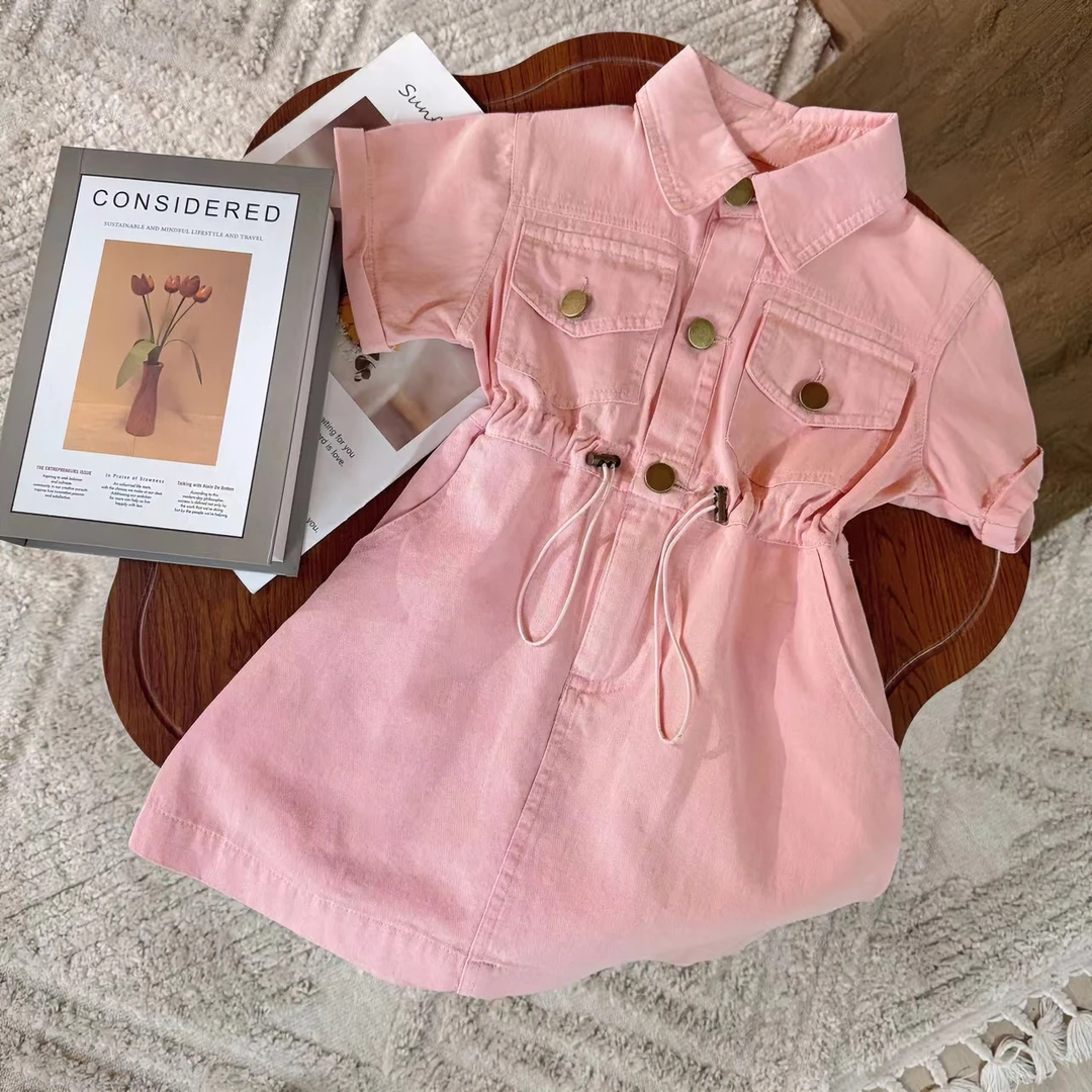 韩国女童2025夏季新款女童洋气时髦短袖牛仔裙气质翻领复古连衣裙