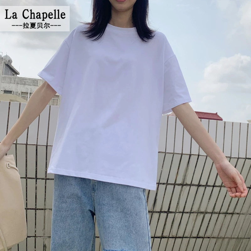 拉夏贝尔100%纯棉短袖t恤女春夏新款百搭宽松显瘦白色上衣打底衫