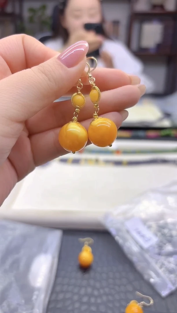 蜜蜡14K金镶嵌耳饰DIY款E496