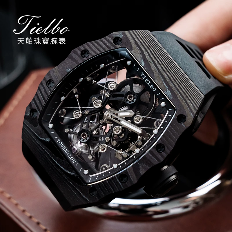 Tielbo/天舶新款炭纤维手动陀飞轮时尚运动男士机械手表T606