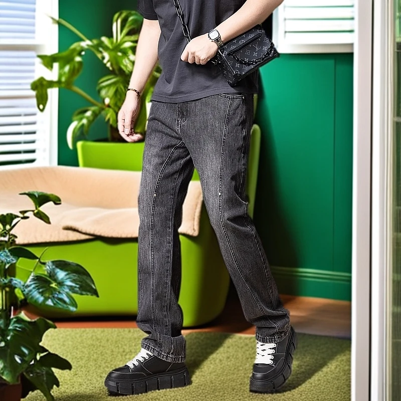 娜罗普西休闲美式牛仔裤男士夏季黑色薄款潮流宽松直筒弹力裤子男
