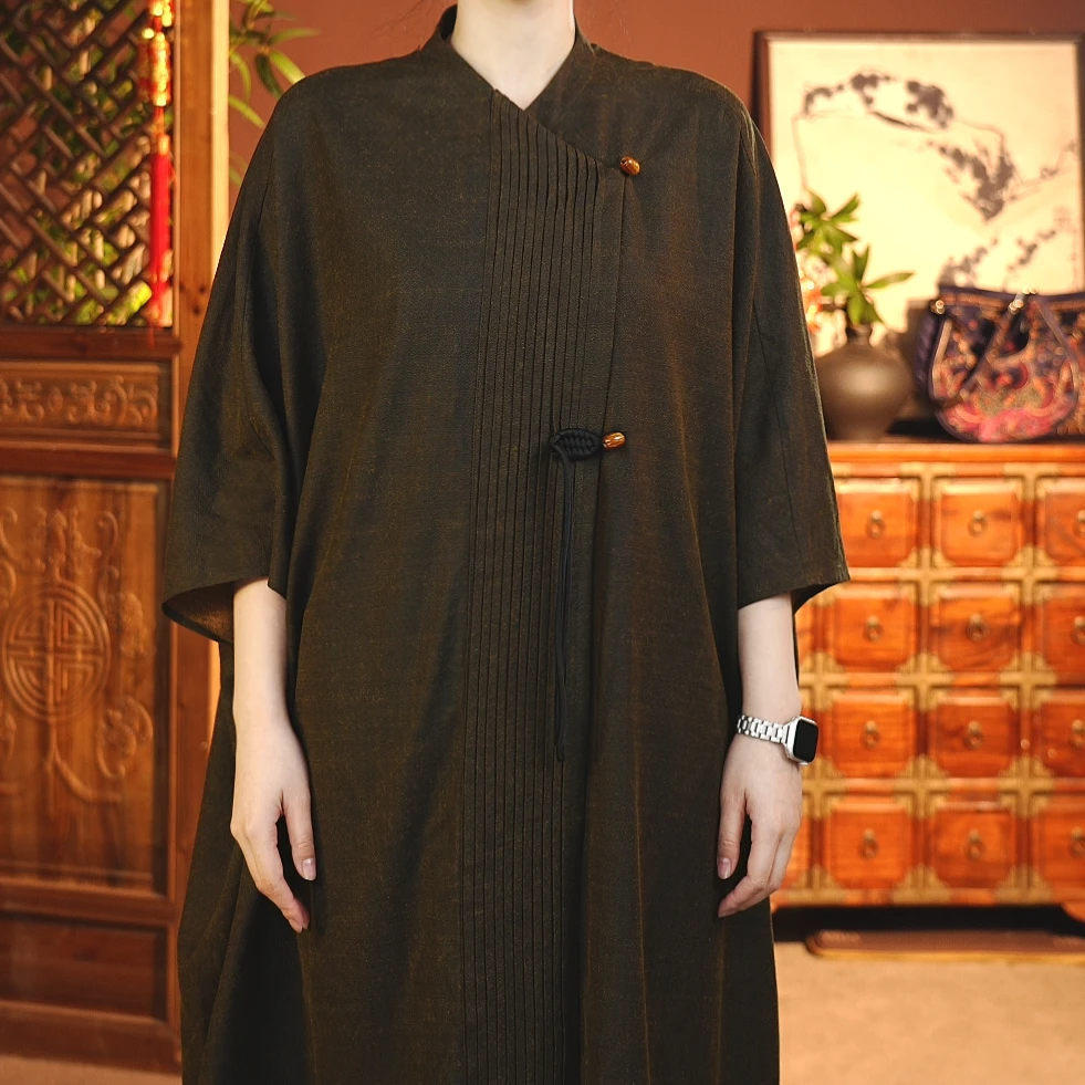 50姆米柞蚕丝塔克线长外套A-TY-t24109棕色F