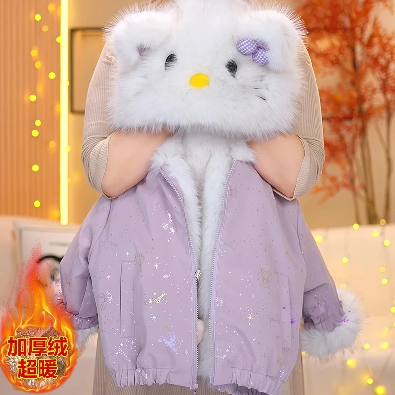 女童卡通格子加绒外套2025新款秋冬加厚仿真毛羊羔绒毛毛衣棉服潮