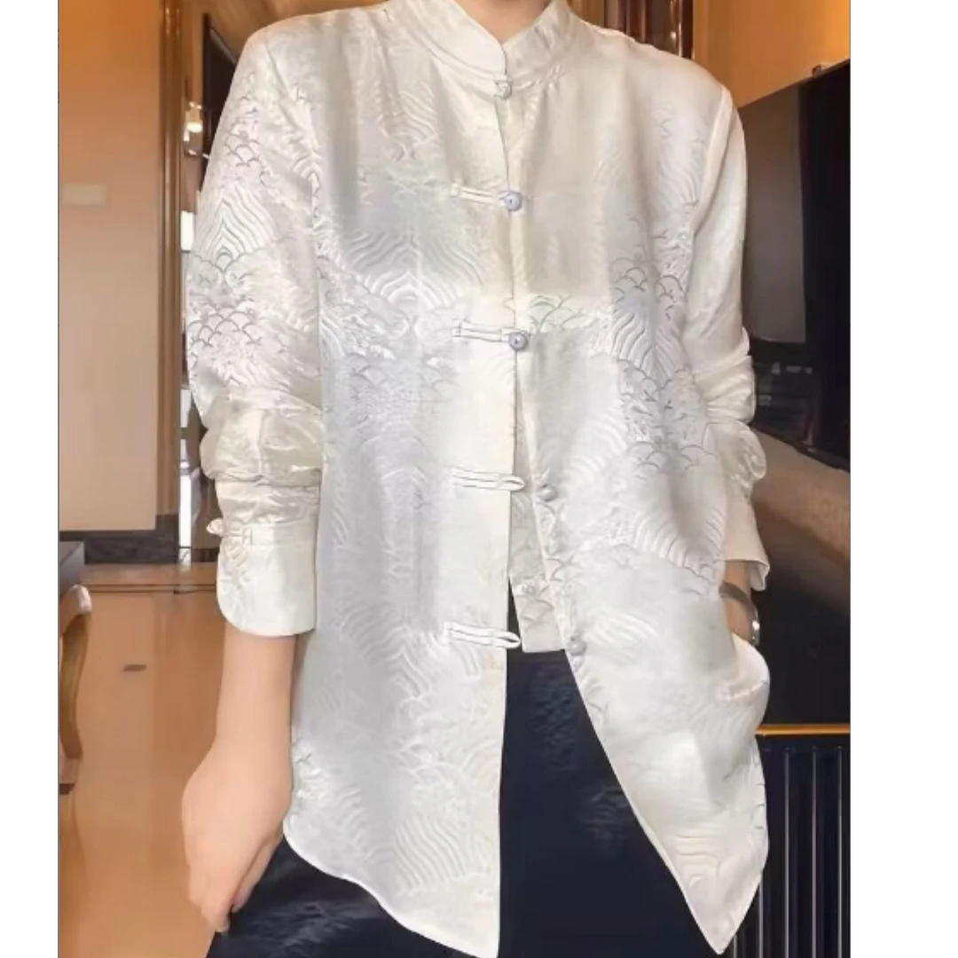 【NA家】新中式立领盘扣长袖衬衫暗纹设计上衣