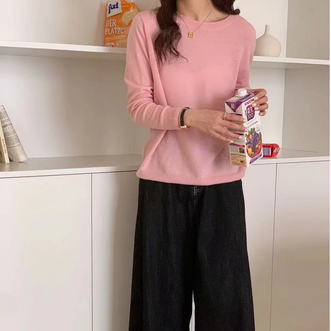 美丽诺精纺超细100%纯羊毛衫女圆领薄款短款毛衣半高领针织打底衫