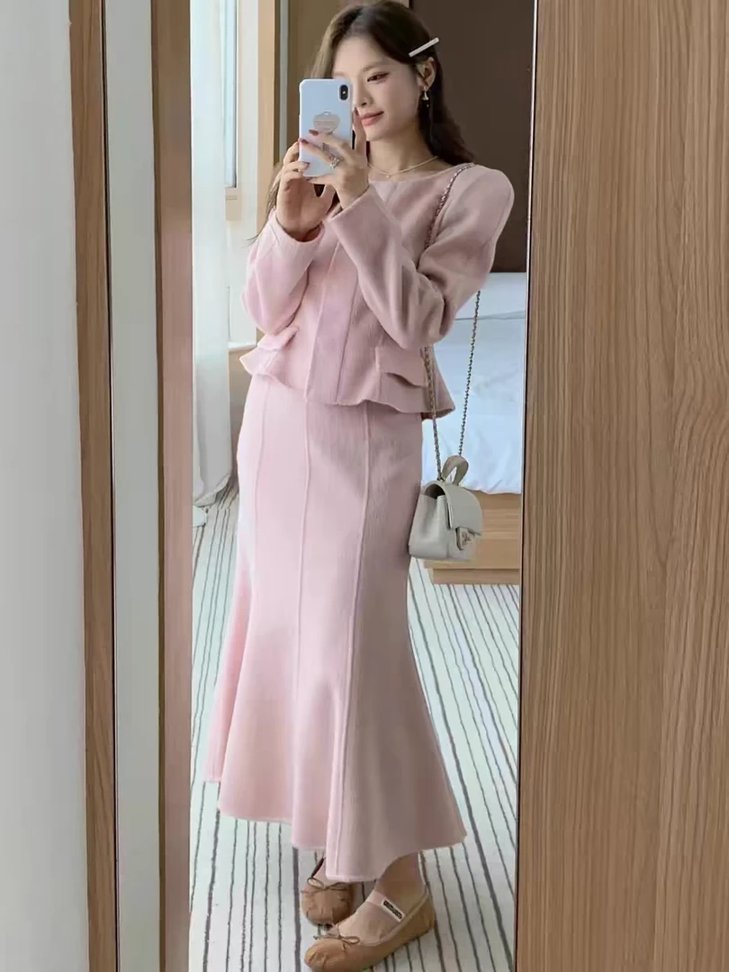 韩国东大门.双面100羊毛大衣女鱼尾裙两件套收腰圆领毛呢外套