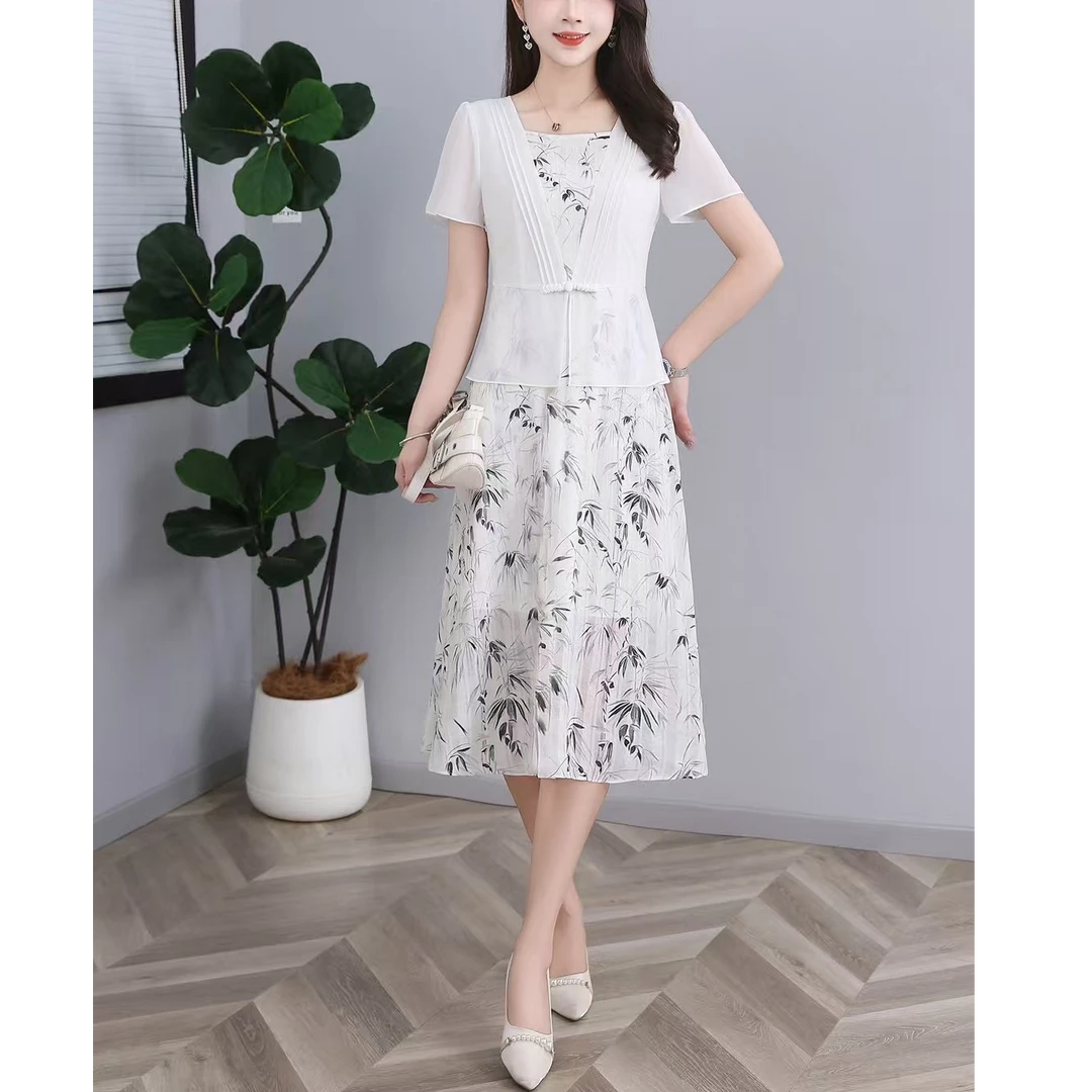 轻奢气质假两件短袖连衣裙女装2025夏季新款时尚洋气高端显瘦裙子