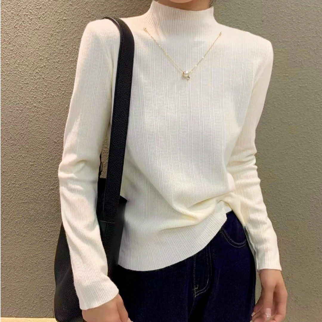 T15秋冬新款简约纯色半高领珍珠项链百搭打底针织衫