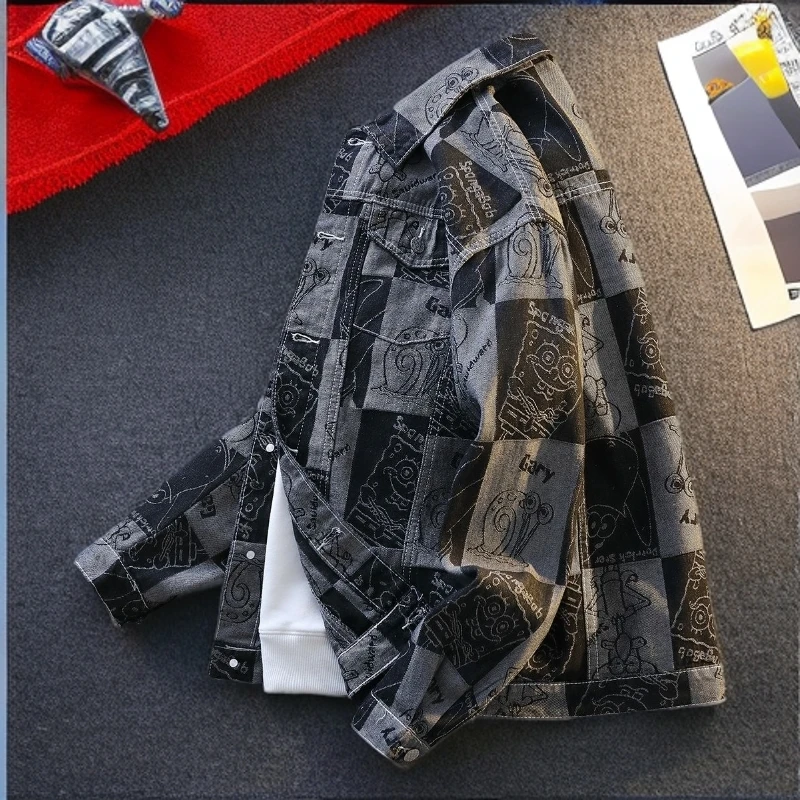 潮牌格子牛仔夹克男生2025新款高街痞帅外套春秋季宽松休闲上衣男