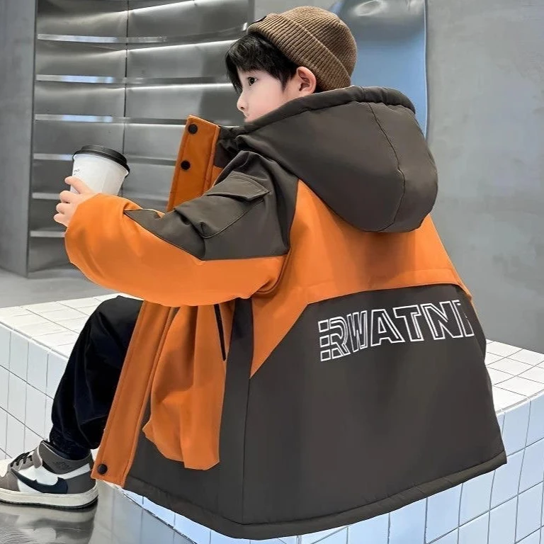 韩系~男童加绒加厚款拼色棉袄中大童连帽百搭秋冬韩版棉服10929