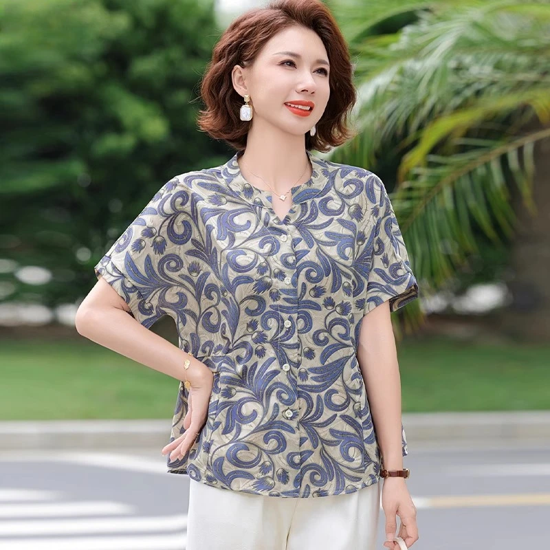妈妈夏装短袖t恤上衣套装2025新款洋气衬衫中老年女夏季高贵小衫