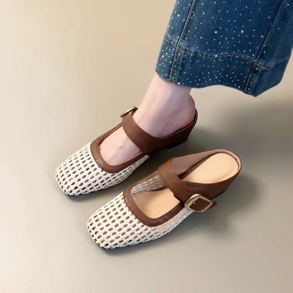 Pokoy-4cm法式复古镂空编织包头半拖女外穿夏新款皮带扣凉拖鞋