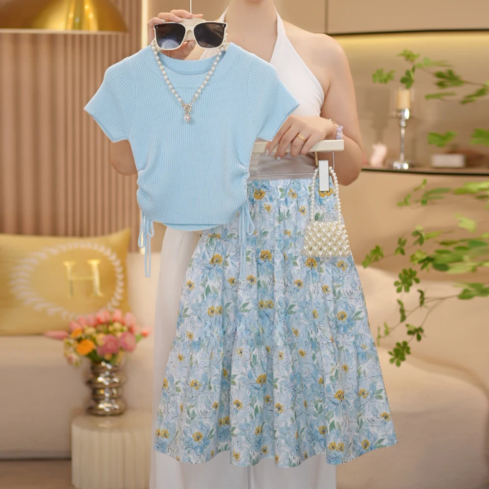 两色001女童夏季新款时尚洋气针织短袖T恤碎花公主长裙凉快套装潮