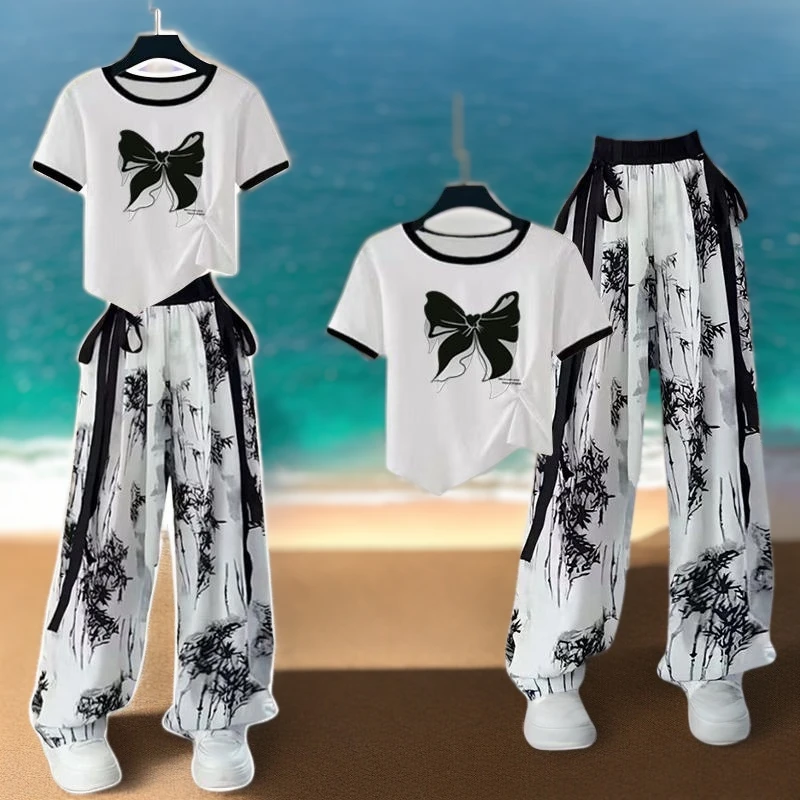 女童新中式国风冰丝套装水墨画阔腿裤时尚超仙洋气中大童两件套潮