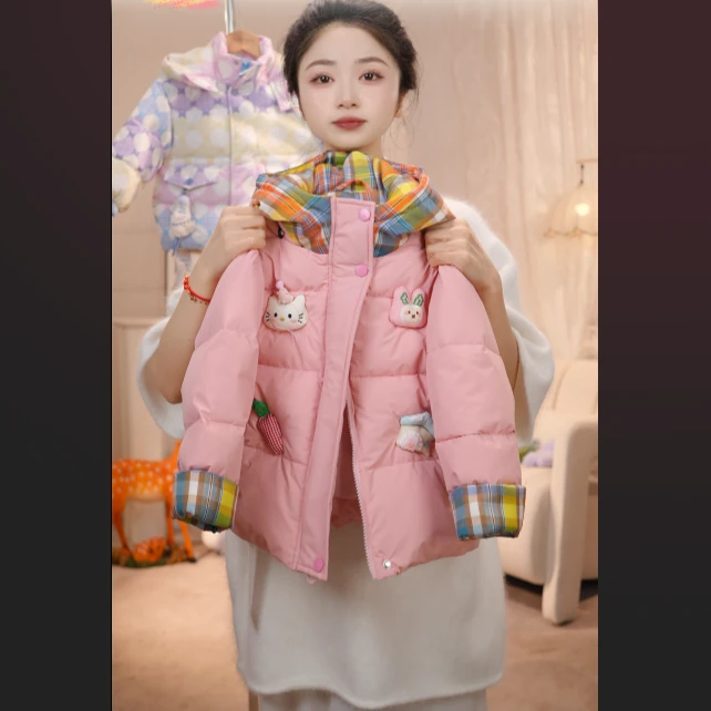 MOMOCO女童冬季25新款可爱玩偶彩色格子加厚保暖棉服
