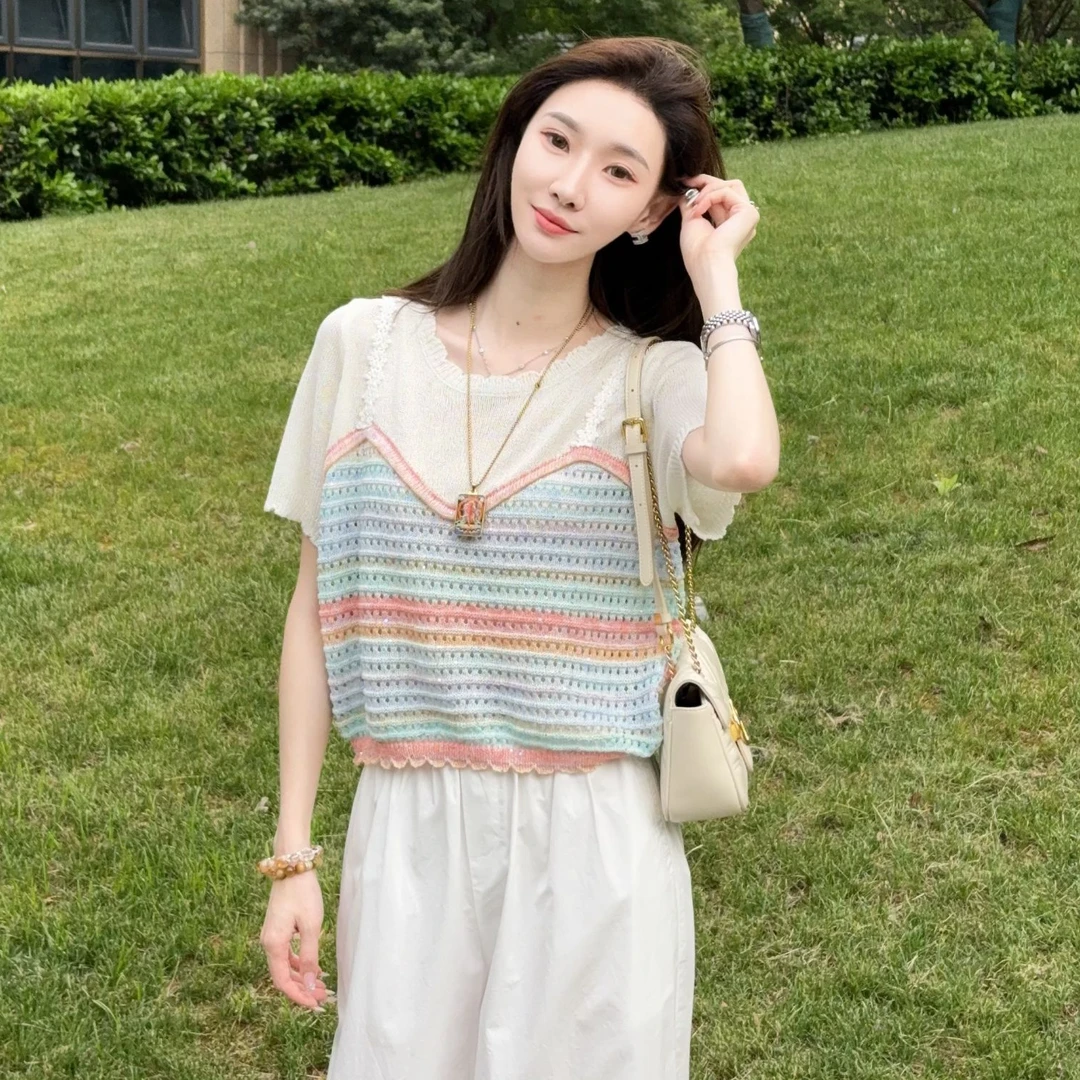 【清彩色拼接】马克华菲女装夏季气质设计感短袖上衣F52004A741