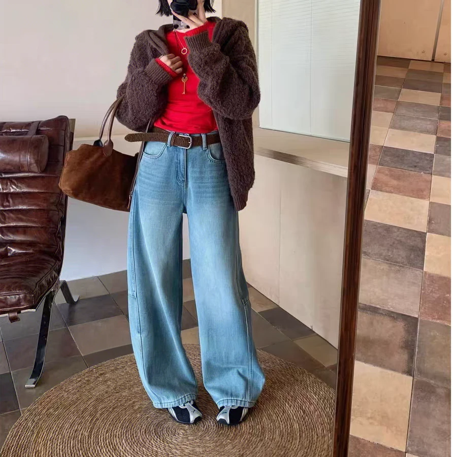 【静姐家】87697【密密绒】复古弯刀裤时尚休闲宽松显瘦女加绒牛仔裤