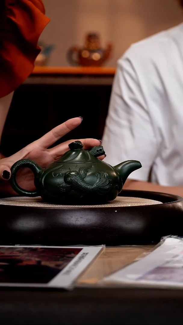 茶壶紫砂BYM23鱼化龙绿泥360cc