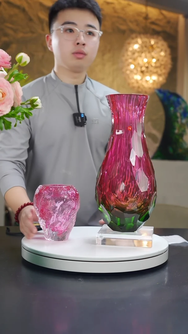 手工艺品琉璃星**睡金红绿凹切面美人瓶花器74号