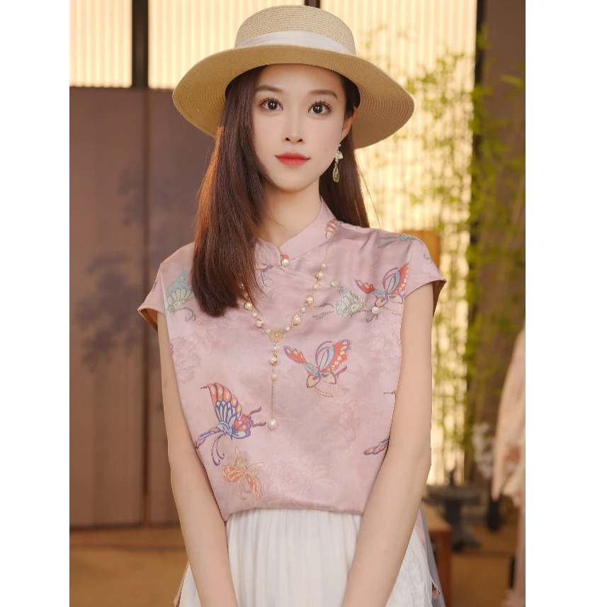 CJ【‌花蝶】新中式2024夏季气质百搭提花立领短袖T恤FB25052701