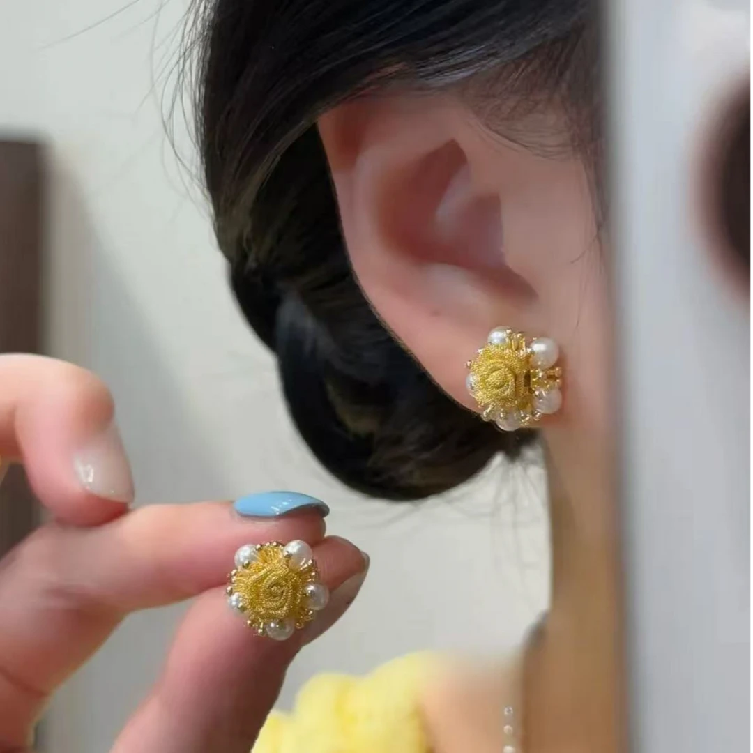 铜合金耳饰 925银针 新款轻奢玫瑰花珠珠耳钉百搭气质小众显高级