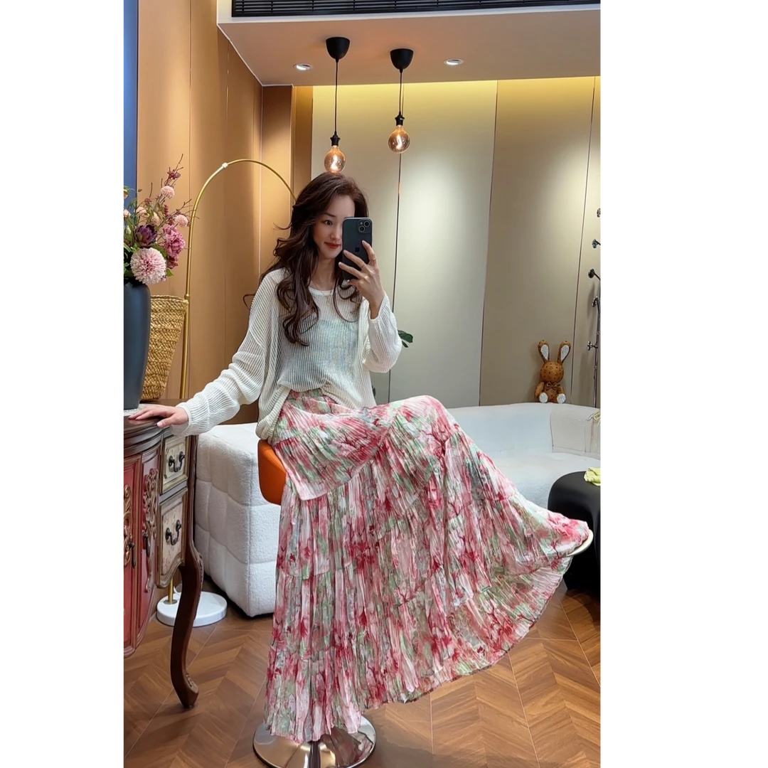 韩版小清新猫咪粉丛林半身裙6米大裙摆褶皱垂感百搭显瘦半身裙