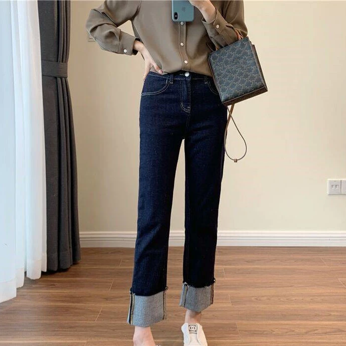 职业阿玛诗官女装2025春秋新款翻边直筒高腰显瘦九分微弹牛仔裤女