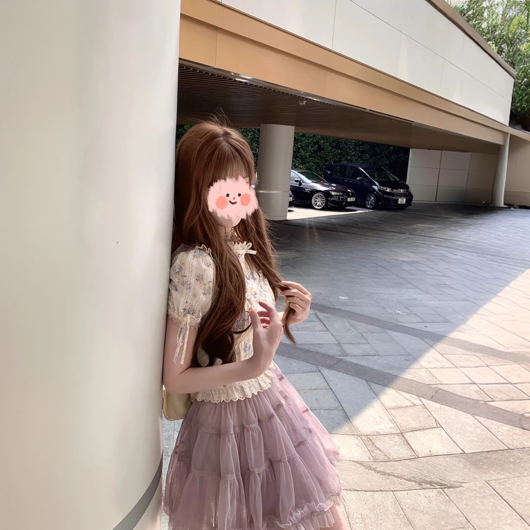 鸢尾手札集 紫碎花刺绣蕾丝蝴蝶结衬衫上衣纱裙套装