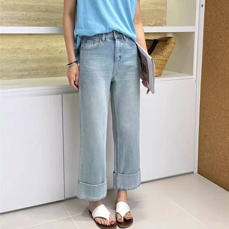 衣源G26827#翻边直筒牛仔裤秋季高腰宽松百搭休闲阔腿裤(长约90）