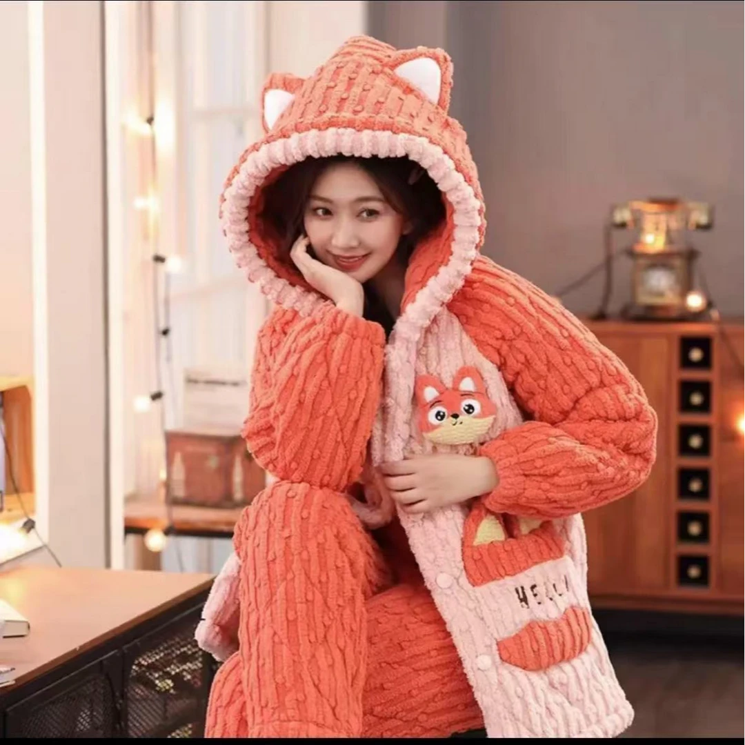 睡衣女秋冬季加厚珊瑚绒三层夹棉2024年新款网红风冬天家居服套装