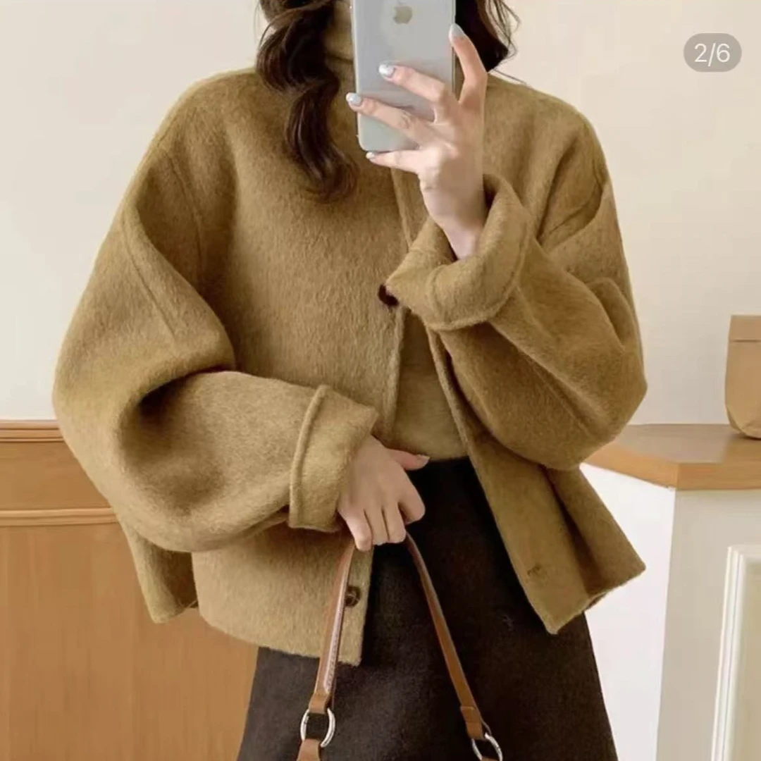 2025春秋新款气质韩版纯色系百搭减龄短款毛呢女外套小个子穿搭