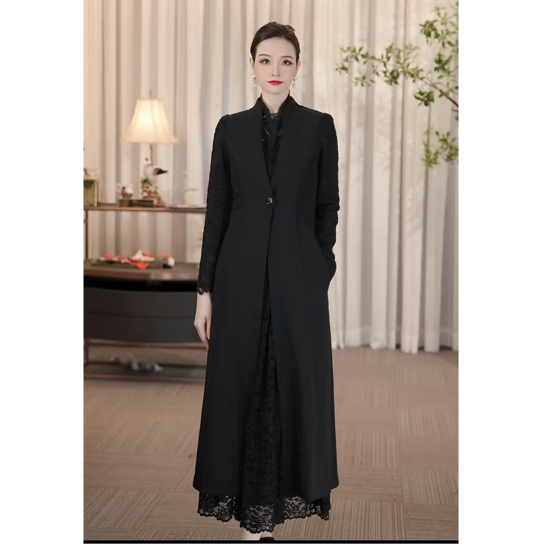SUSSI古色丨法式气质女王黑色蕾丝通勤显瘦风衣外套女